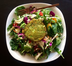 veggie burger on salad