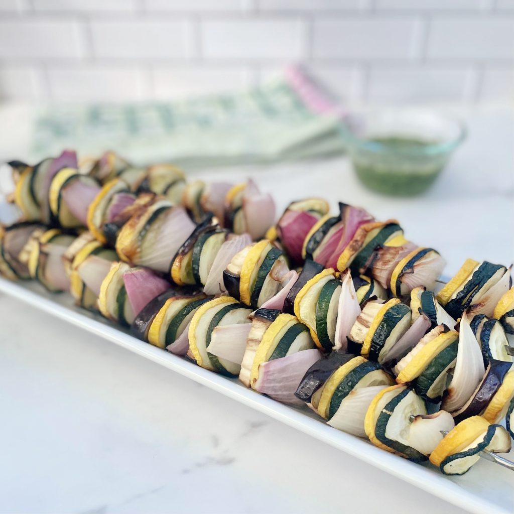 Mediterraneans Veggie Skewers with Basil Dressing