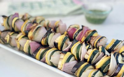 Mediterranean Veggie Skewers with Basil Dressing